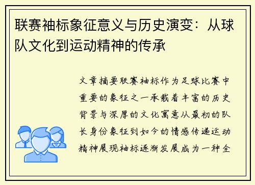 联赛袖标象征意义与历史演变：从球队文化到运动精神的传承
