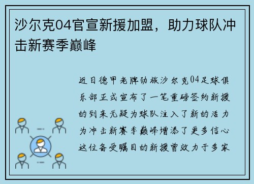 沙尔克04官宣新援加盟，助力球队冲击新赛季巅峰